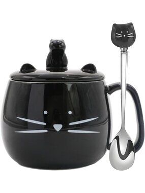 Cute Black Ceramic Cat Mug with Lid & Spoon - Perfect Gift for Cat Lovers